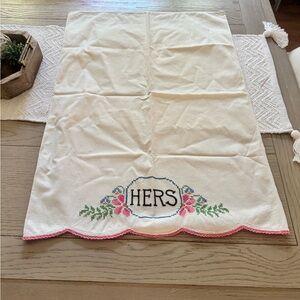 Vintage Cream Embroidered 'HERS' Pillowcase with Pink Trim